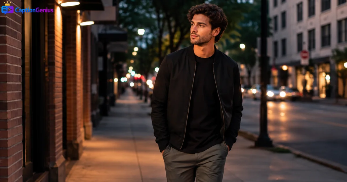Confident young man walking alone on a quiet city street in the early evening with his hands in his pockets.