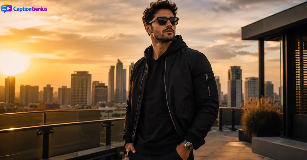 Confident young man in black streetwear and sunglasses standing alone