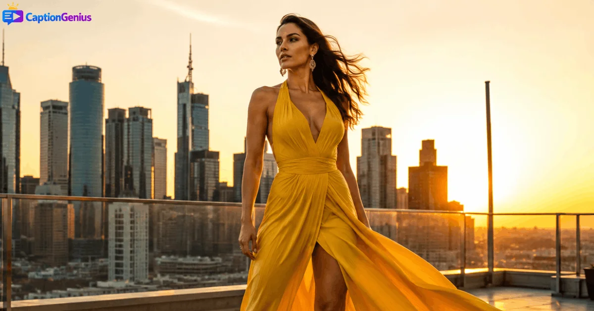 Confident woman in elegant yellow dress.